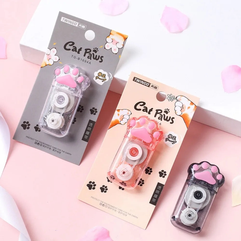 Correcteur Ruban Kawaii Patte de Chat – Grande Capacité, PET Transparent, Gris, Rose & Blanc