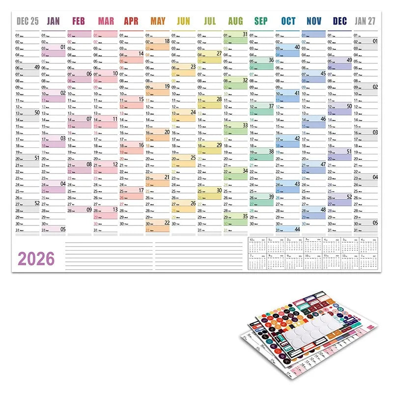 Calendrier Mural 2026 – Planificateur Annuel 365 Jours – Format Affiche – 8 Coloris