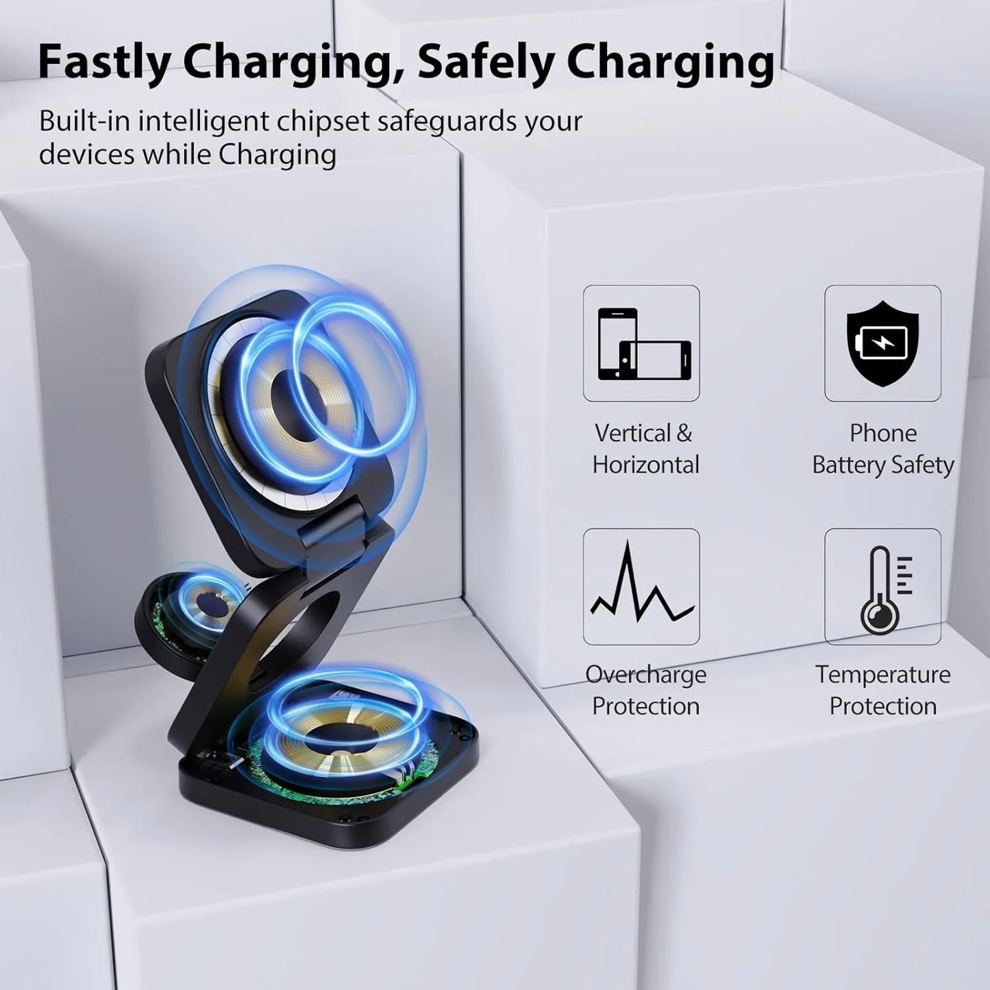 Chargeur Sans Fil 3-en-1 Pliable Magnétique – iPhone, Apple Watch & AirPods, Charge Rapide