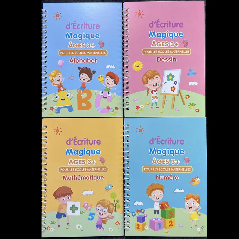 Cahiers d’Écriture Magique Française – Lot de 4 – Alphabet & Dessin – Enfants 3-8 ans