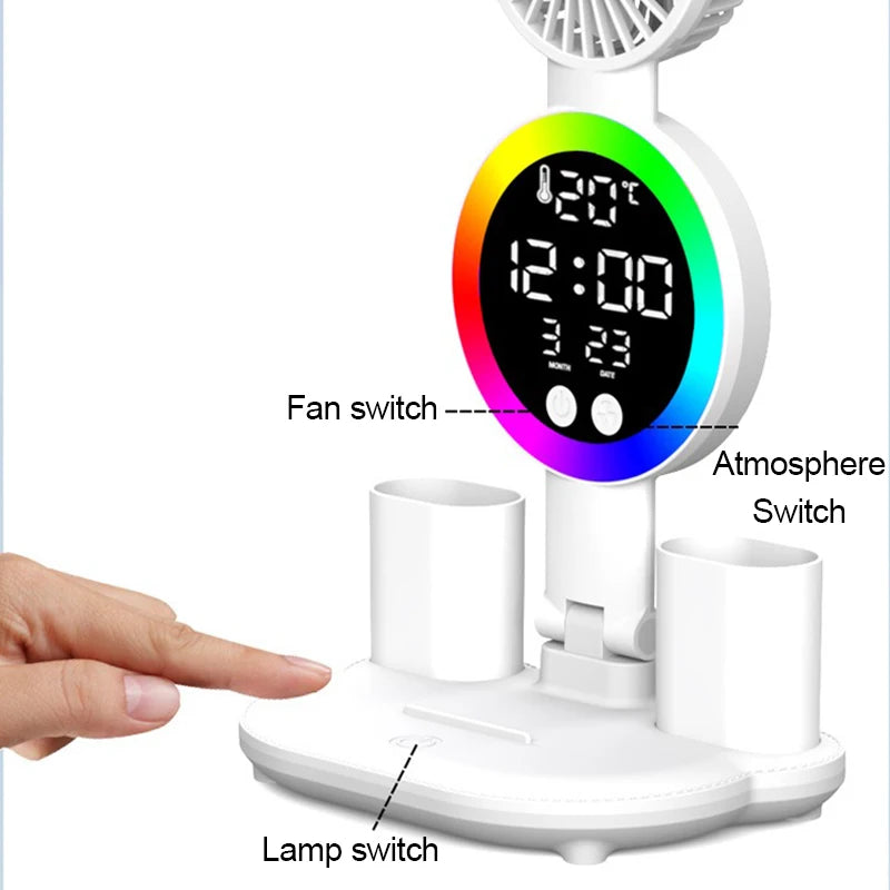 Lampe de Bureau LED avec Horloge & Ventilateur – Interrupteur Tactile, Filaire ou Rechargeable, 3 Modèles