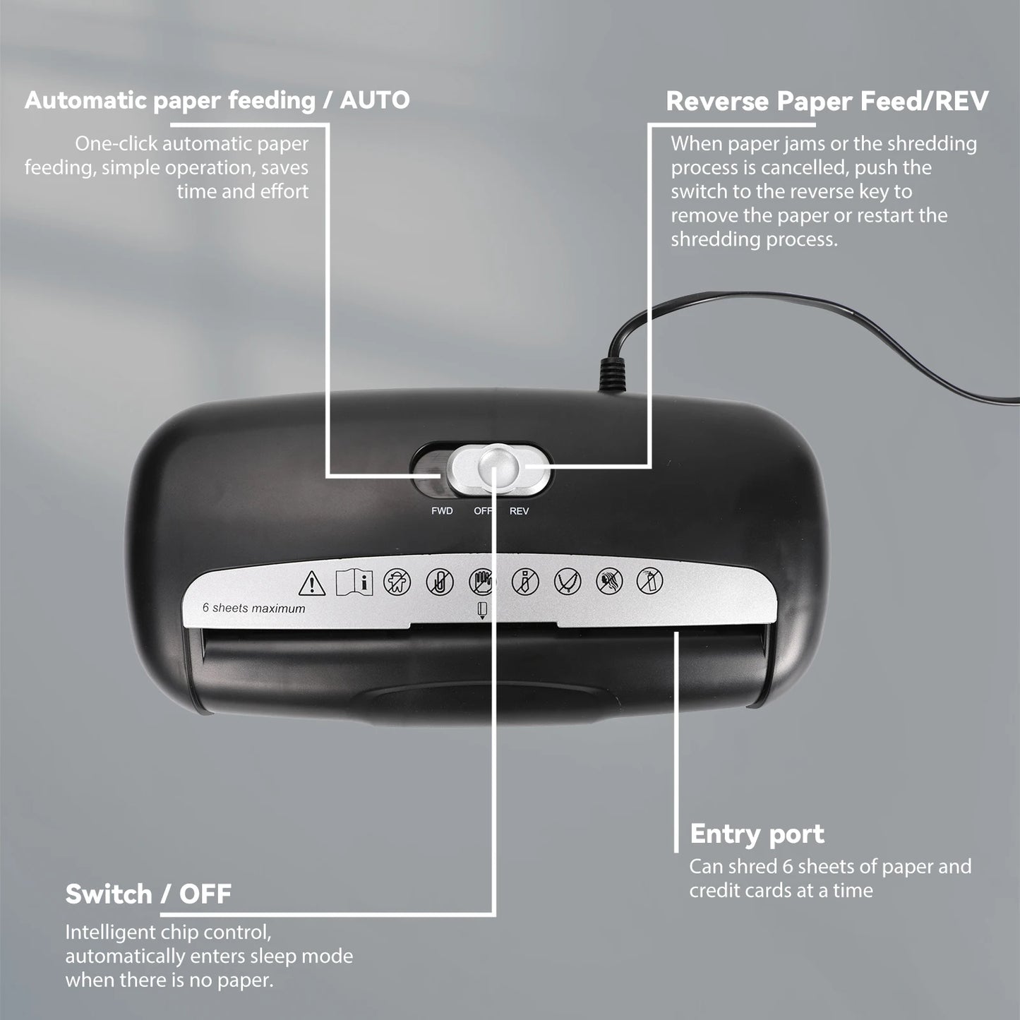 Destructeur de Documents Électrique Mini 190W – 6 Feuilles, Coupe en Bandelettes, Bac 10L, Bureau & Maison
