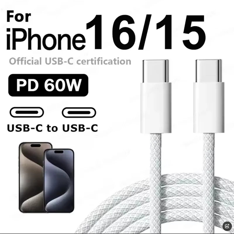 Chargeur Rapide Original PD 35W pour iPhone – USB-C, Compatible iPhone 17/16/15/14/13/12/11, Câble Tressé 1M