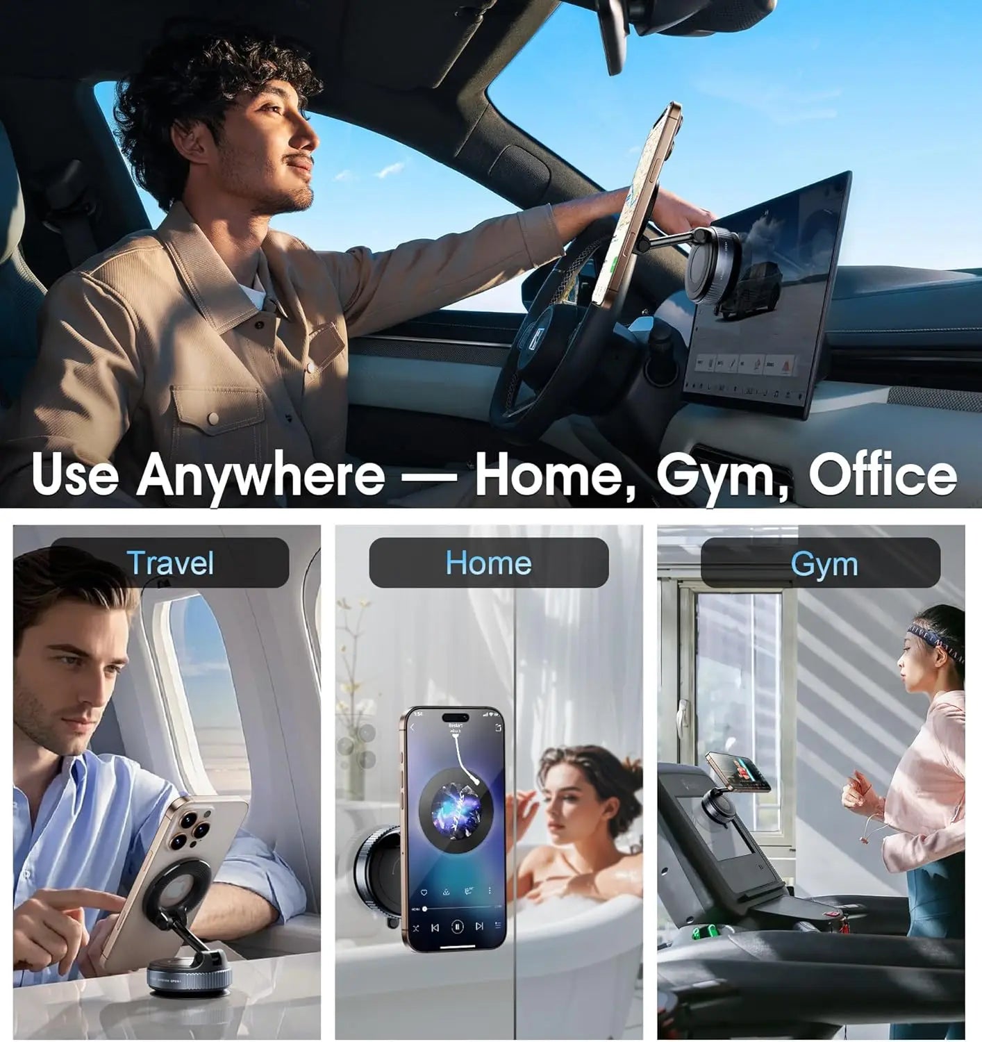 Support Téléphone Magnétique Pliable 360° – Bureau & Voiture, Ventouse, Blanc & Noir