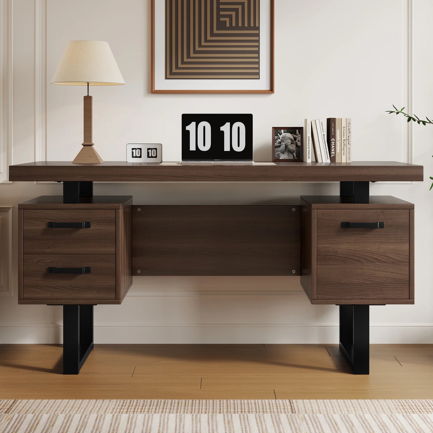 Bureau Jugacool 135x54 cm – 2 Tiroirs Silencieux, Rangement Dossiers, Style Moderne Marron