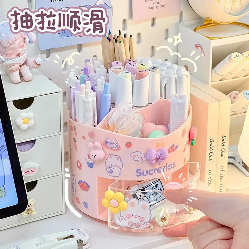 Porte-Stylos Rotatif avec Tiroir – Style Kawaii – Organiseur Bureau – 10 Coloris Pastel