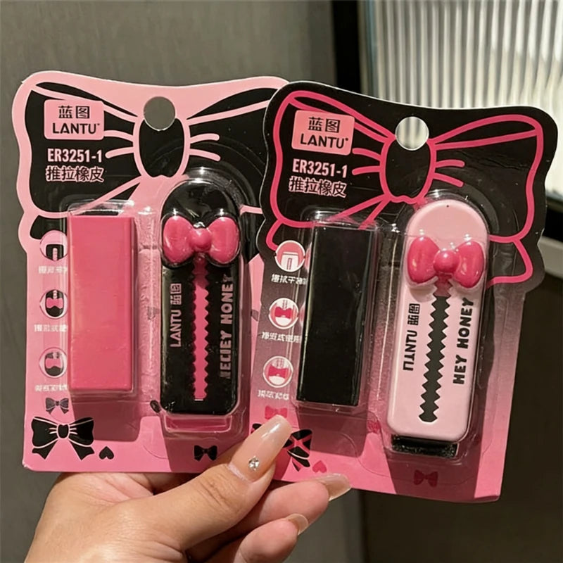 Gomme Kawaii Nœud – Design Push-Pull, Papeterie Scolaire (Rose / Noir)