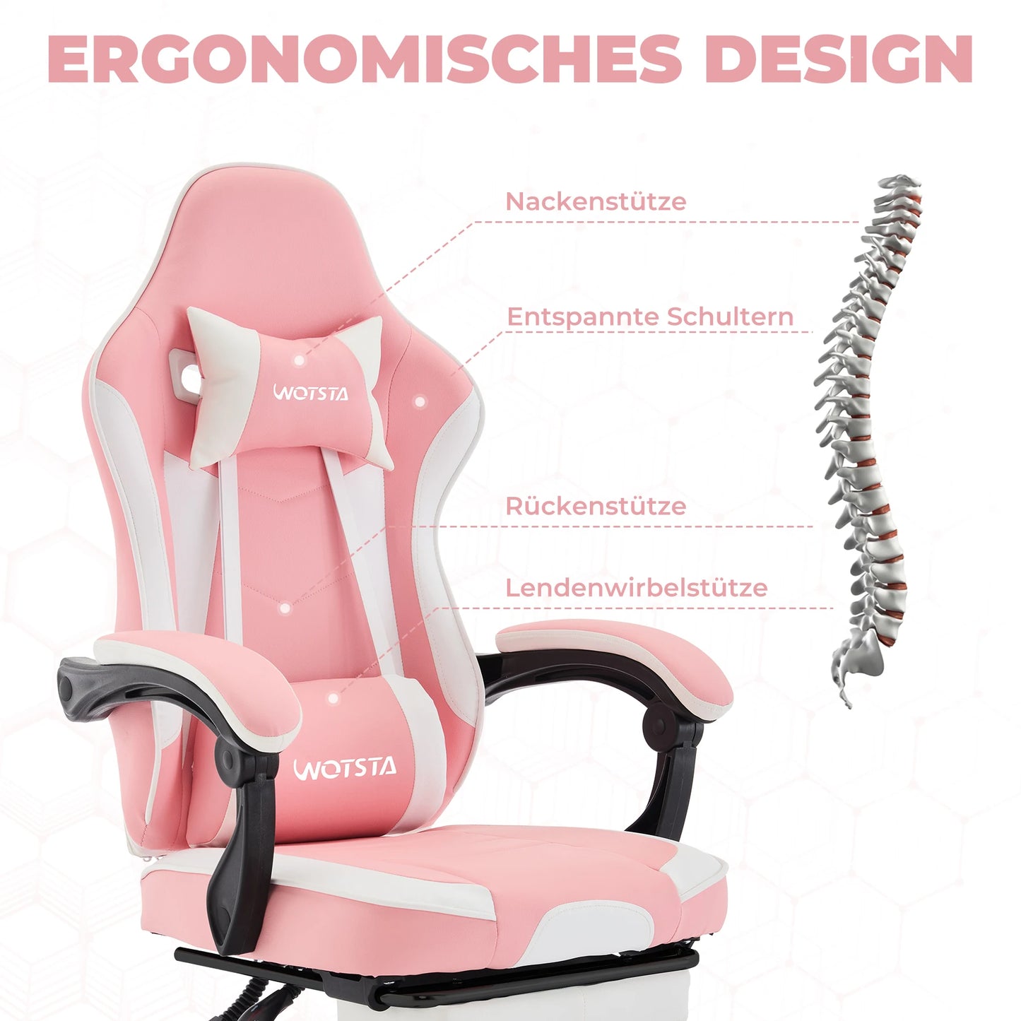 Chaise Gaming Ergonomique WOTSTA – Massage Lombaire, Inclinable, E-Sport, 3 Coloris