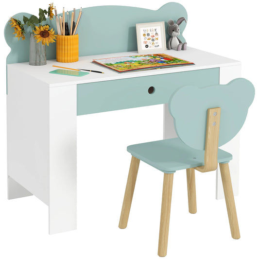 Ensemble Bureau + Chaise Enfant AIYAPLAY – Plateau 80 cm, Tiroir, Porte-documents Ourson, Vert, 3-8 ans