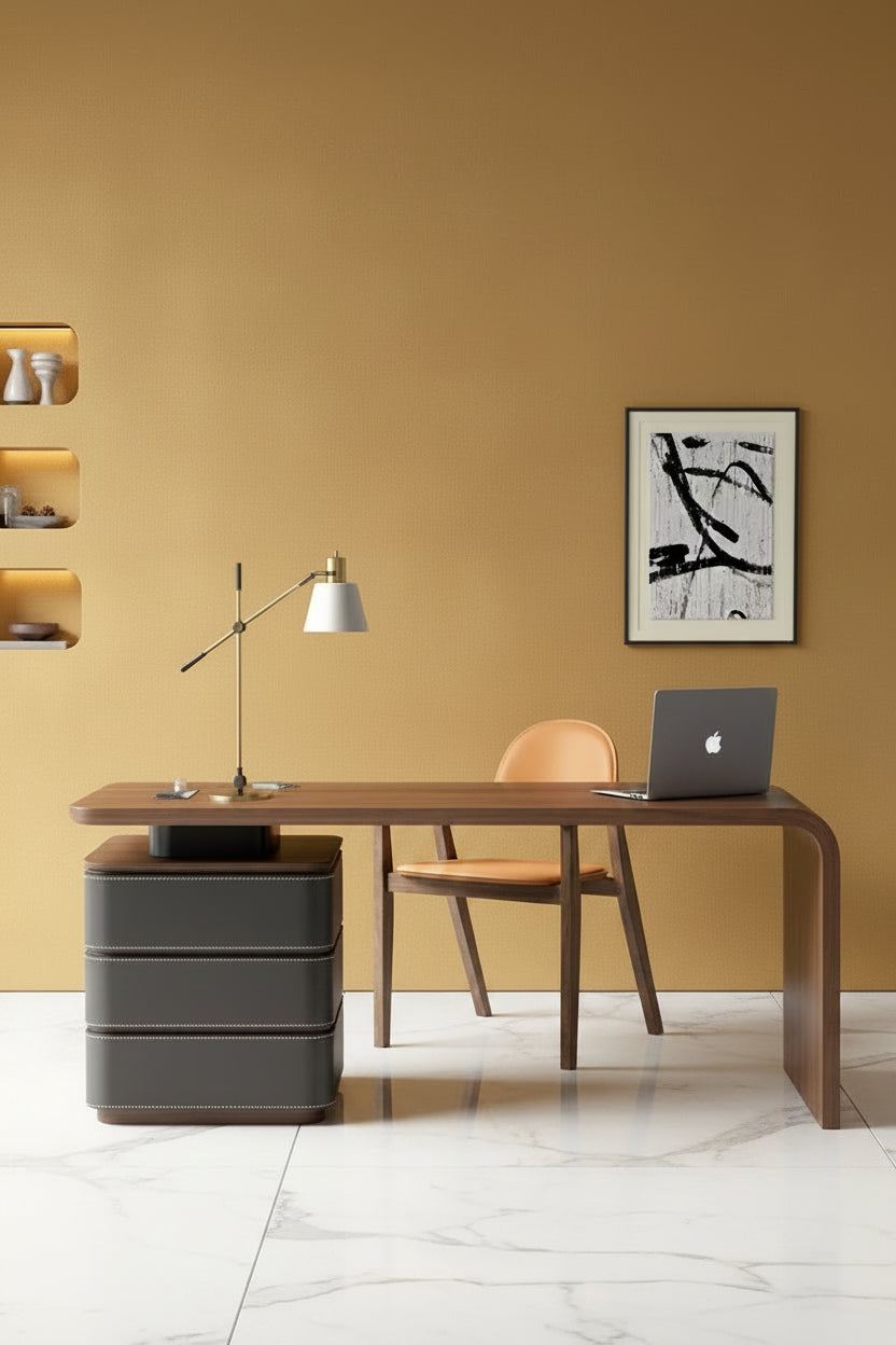 Bureau Minimaliste Italien Premium – Noyer & Cuir Sellier, 140 / 160 / 180 cm