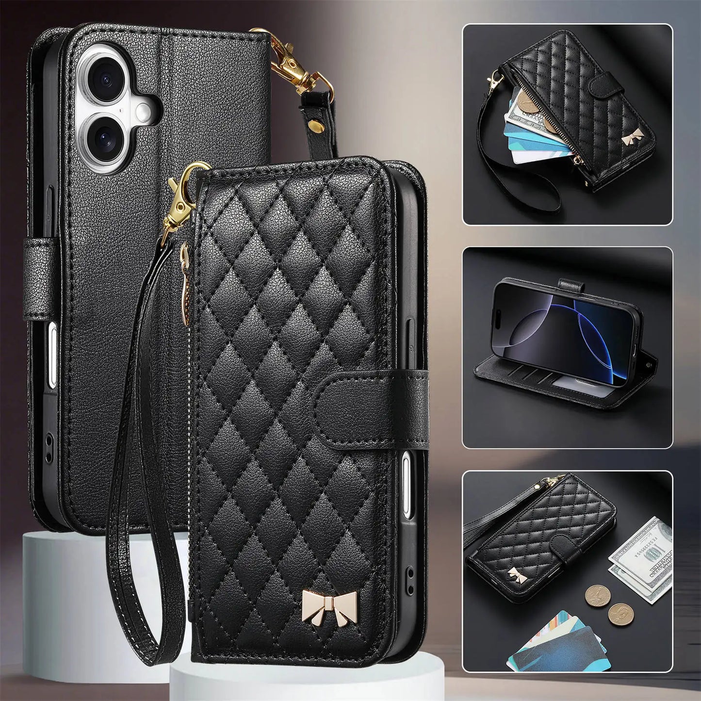 Coque Portefeuille en Cuir Matelassé – Style Sac à Main – iPhone 12 à 17 – 5 Coloris