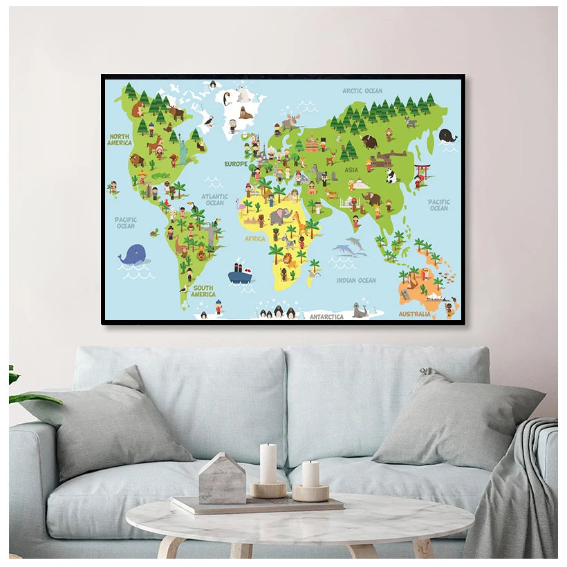 Poster Éducatif Enfant – Carte du Monde & Animaux, Impression Canvas, 14 Tailles, 2 Designs