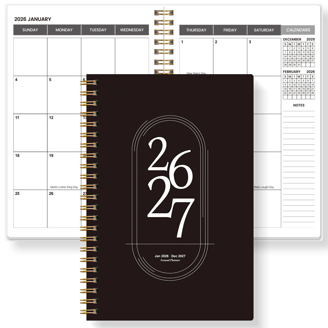 Agenda Planner A5 2026-2027 – Hebdomadaire & Mensuel, Spirale Dorée, 9 Coloris