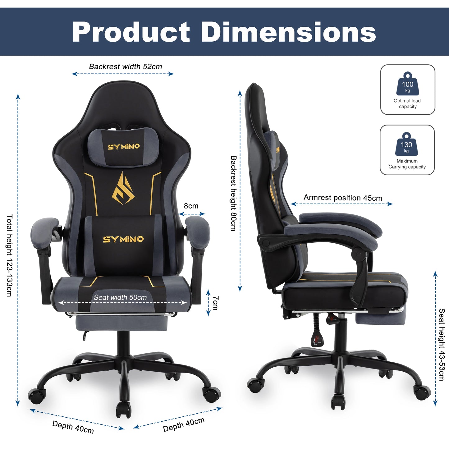 Chaise Gaming Ergonomique SYMINO – Coussin Latex, Repose-Pieds, Style Racing, 130kg, Gris & Noir