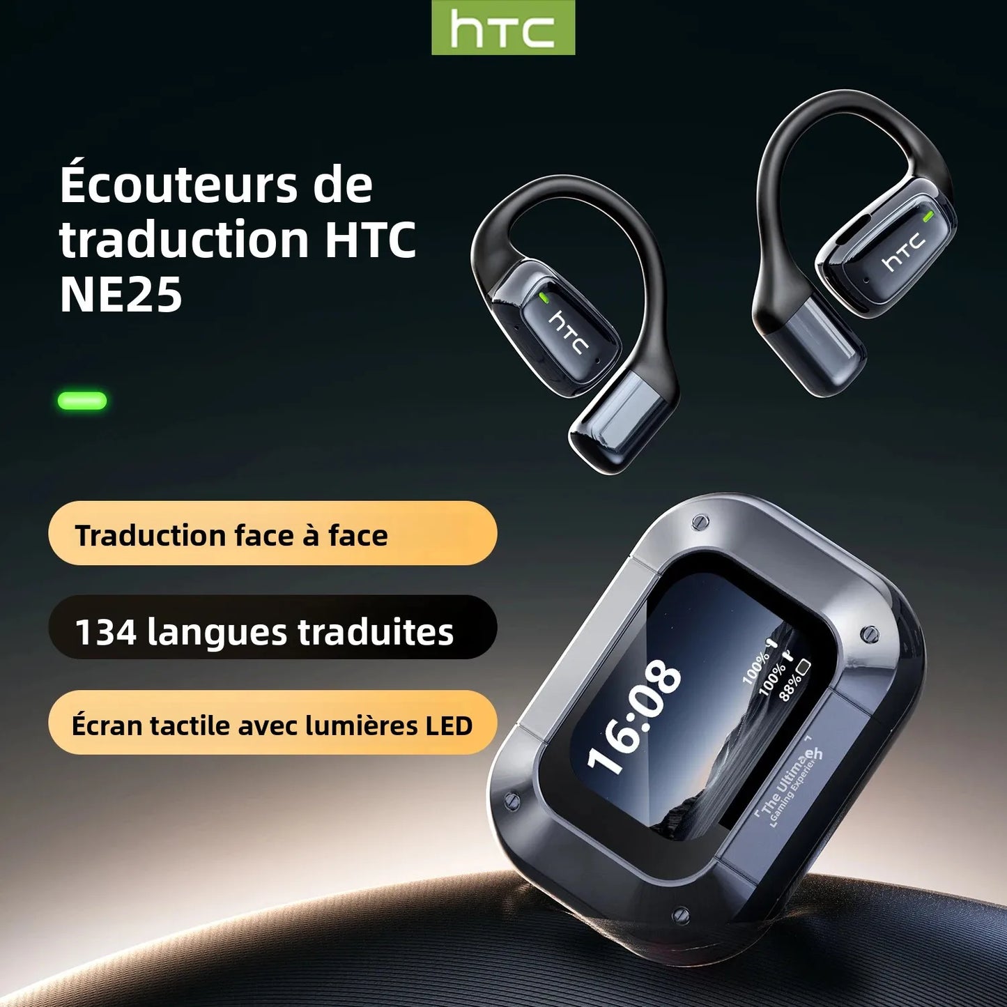Écouteurs Traducteur IA HTC NE25 – Bluetooth 5.4, Tactile, Waterproof, Micro HD