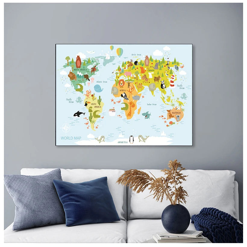 Poster Éducatif Enfant – Carte du Monde & Animaux, Impression Canvas, 14 Tailles, 2 Designs