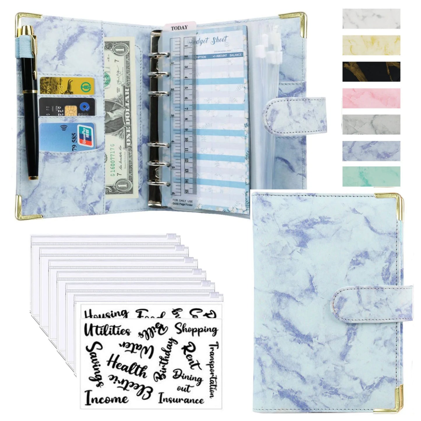 Organiseur Budget A6 en Cuir PU – Design Marbre, Pochettes & Porte-Cartes – Gestion Finances