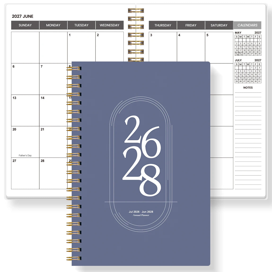 Agenda Planner A5 2026-2027 – Hebdomadaire & Mensuel, Spirale Dorée, 9 Coloris