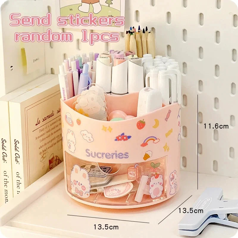 Porte-Stylos Rotatif avec Tiroir – Style Kawaii – Organiseur Bureau – 10 Coloris Pastel