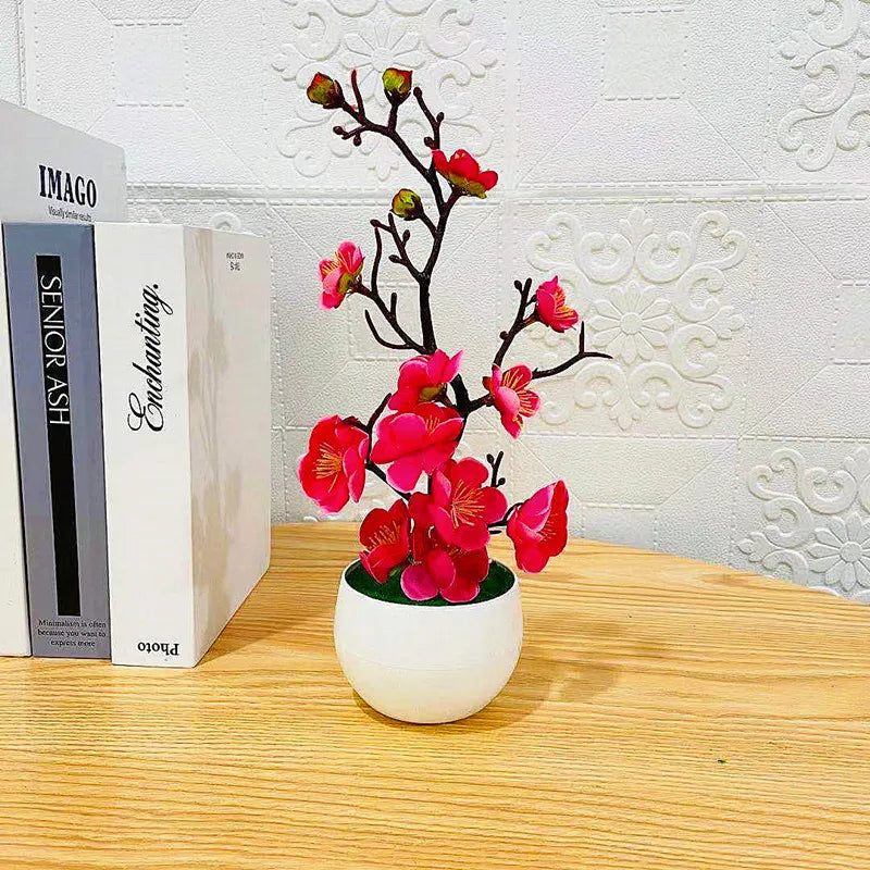 Bonsaï Artificiel Fleurs de Prunier – Plante Décorative en Pot 21x11 cm