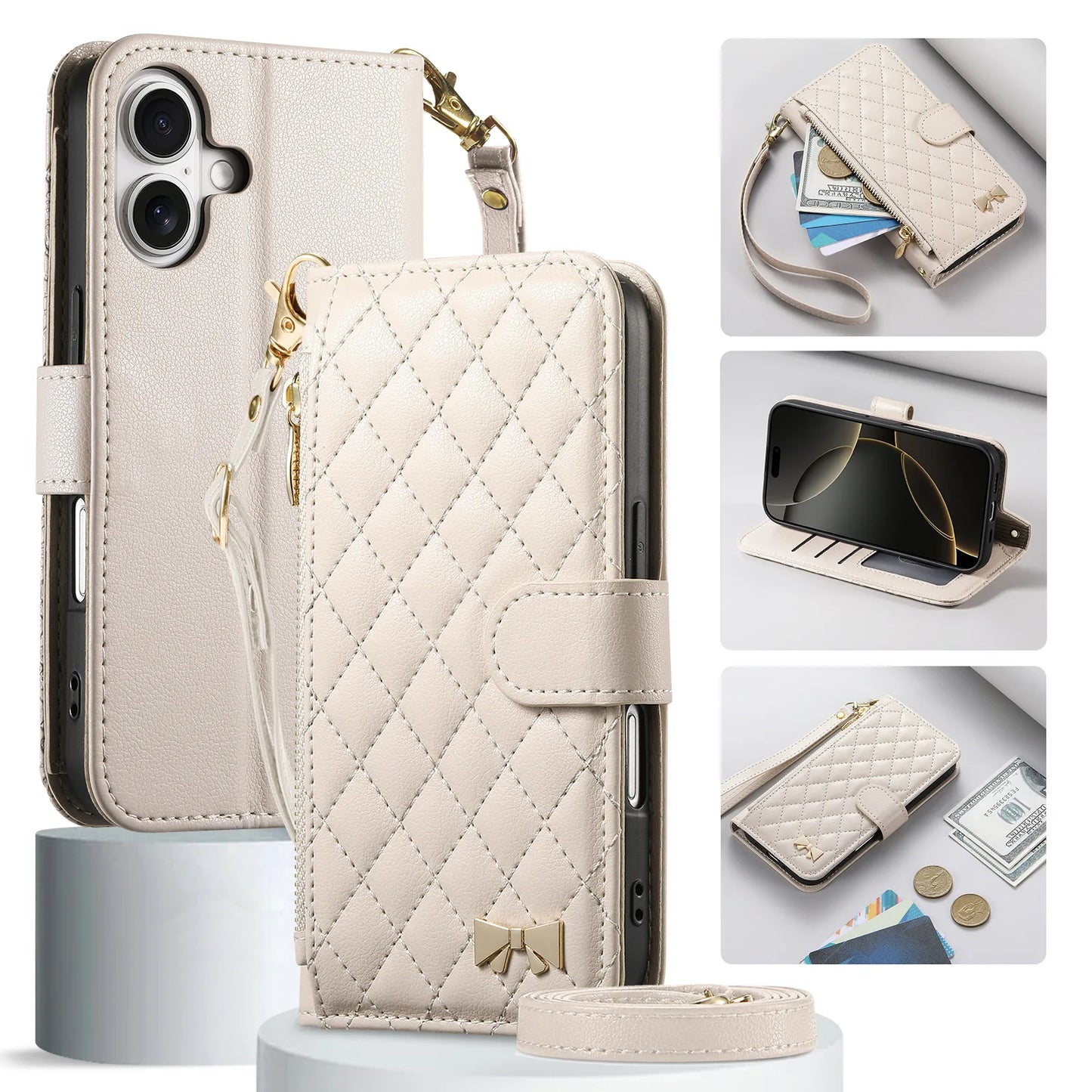 Coque Portefeuille en Cuir Matelassé – Style Sac à Main – iPhone 12 à 17 – 5 Coloris