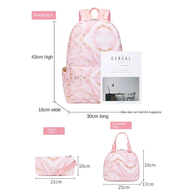 Set Sac à Dos + Lunch Bag Ado Fille – Grande Capacité, Polyester, 3 Coloris