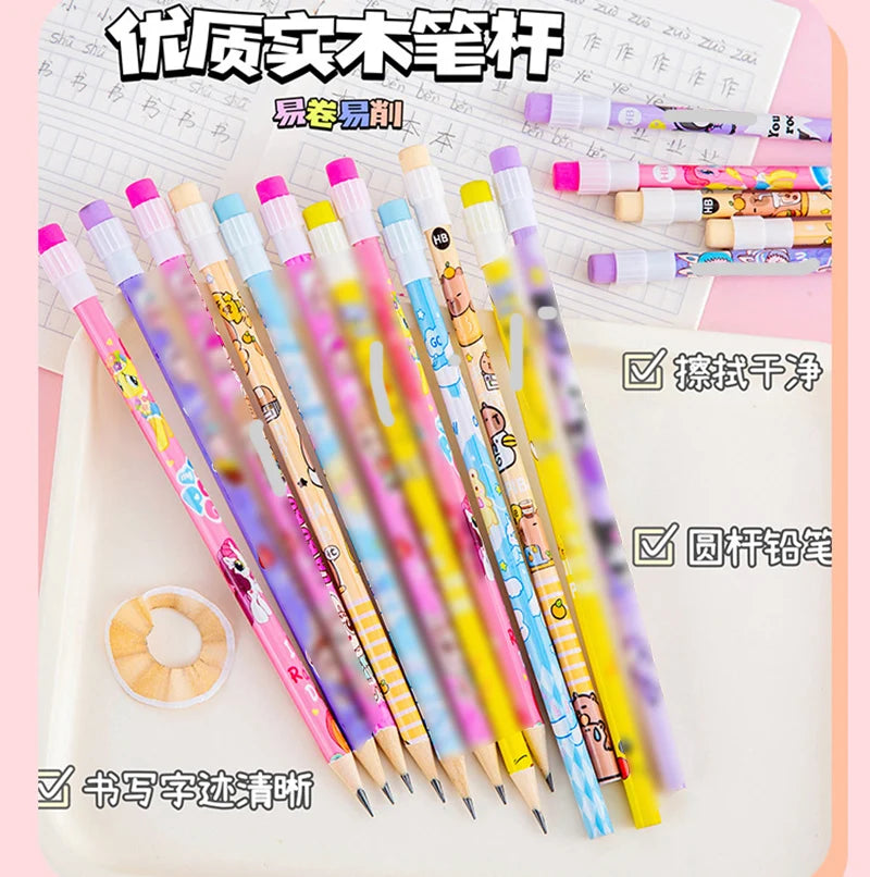 Lot de 10 Crayons HB Kawaii – Capybara, Pony & Labubu, Grande Gomme, Cadeau École & Papeterie