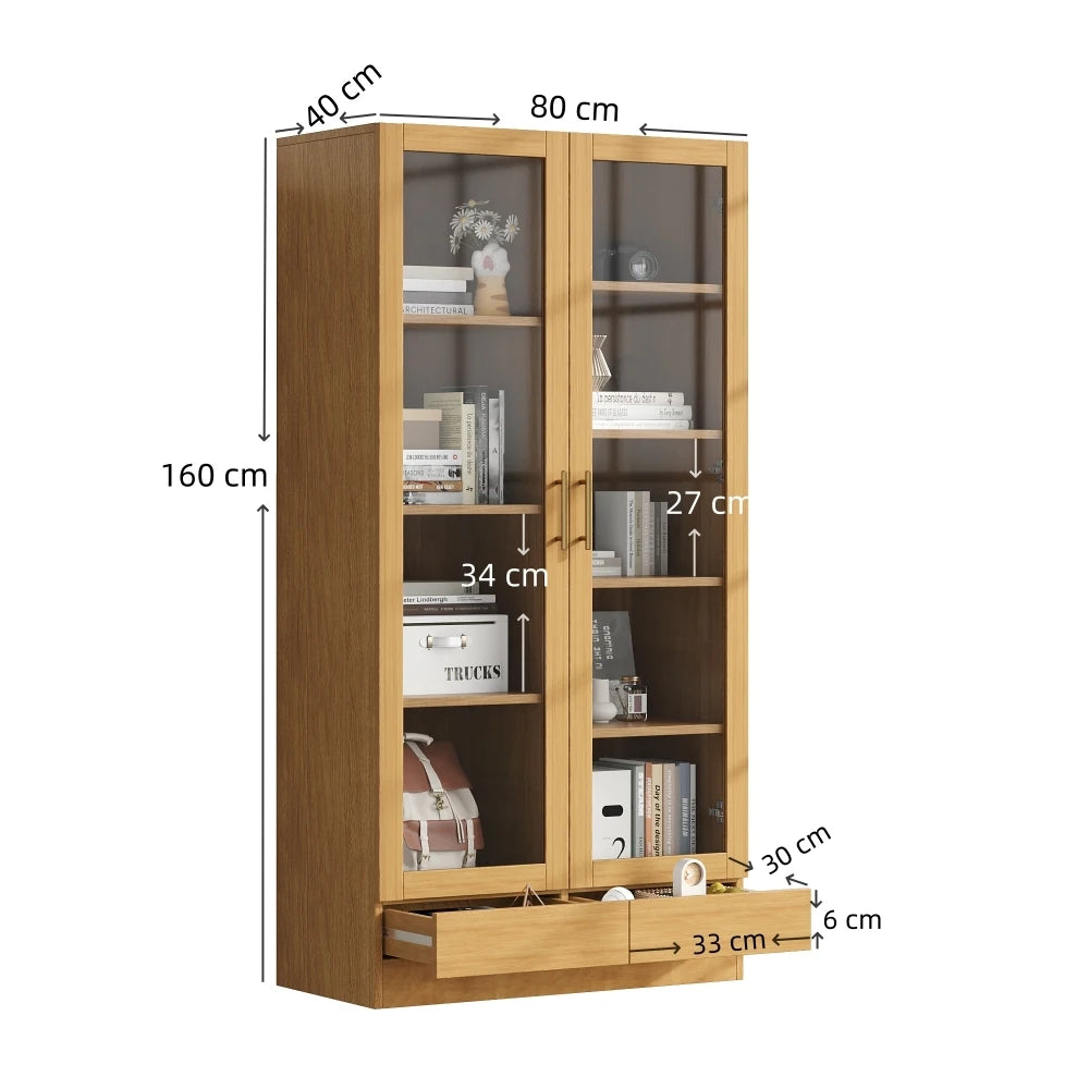 Bibliothèque Vitrine Multifonction 80x40x160 cm – Étagères Fixes, Tiroirs Push-to-Open, Couleur Bois