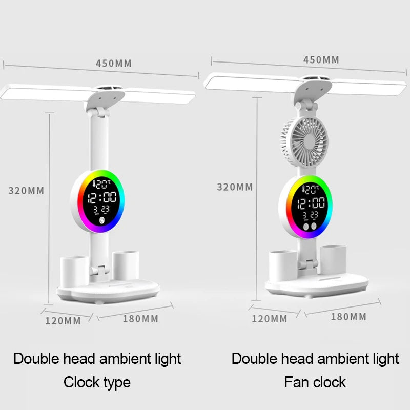 Lampe de Bureau LED avec Horloge & Ventilateur – Interrupteur Tactile, Filaire ou Rechargeable, 3 Modèles