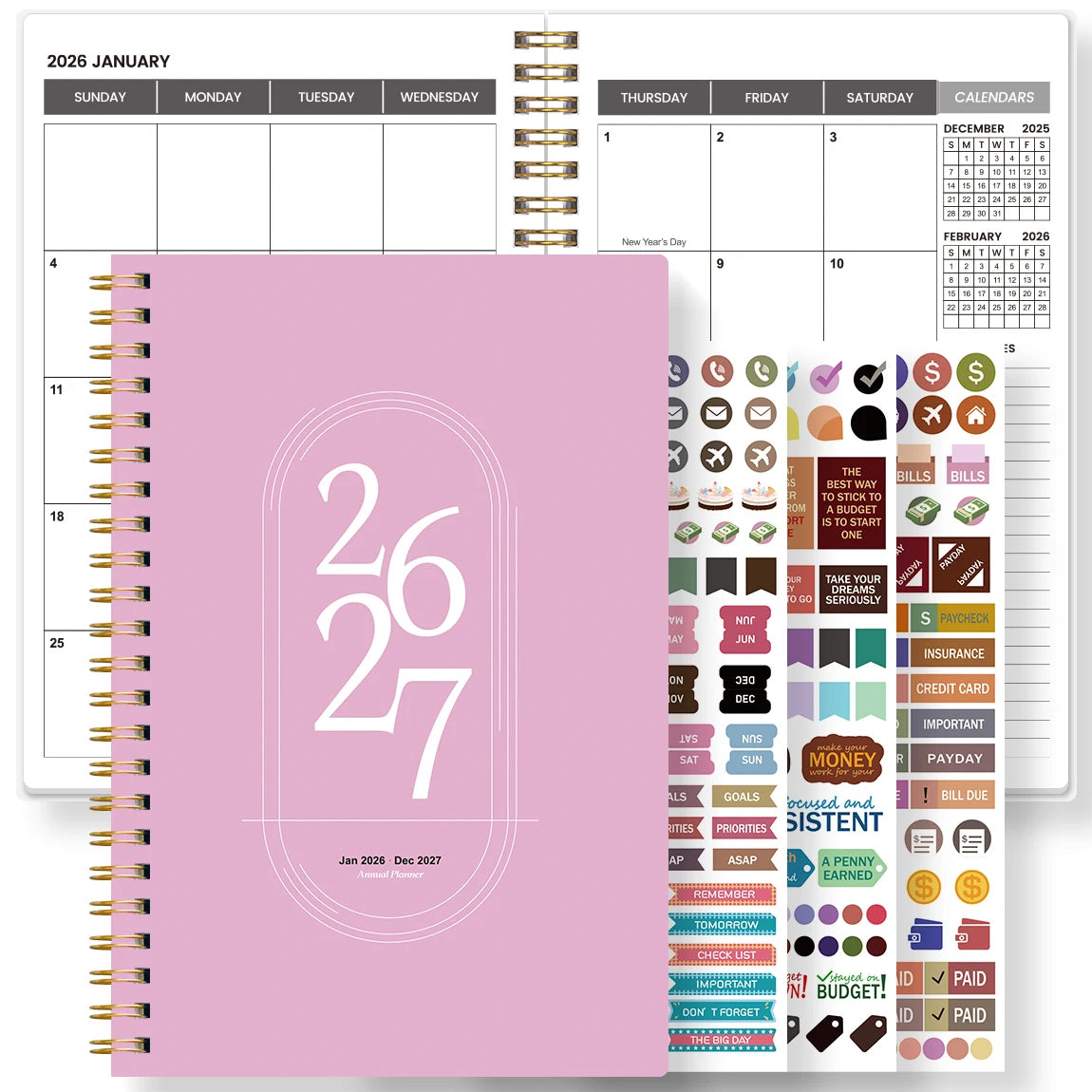 Agenda Planner A5 2026-2027 – Hebdomadaire & Mensuel, Spirale Dorée, 9 Coloris