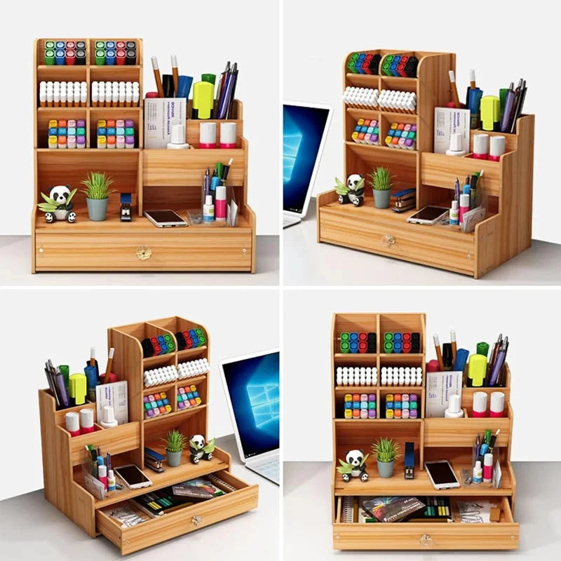 Organiseur de Bureau en Bois DIY – Porte-Stylos avec Tiroir, Grande Capacité, Noir ou Bois de Cerisier