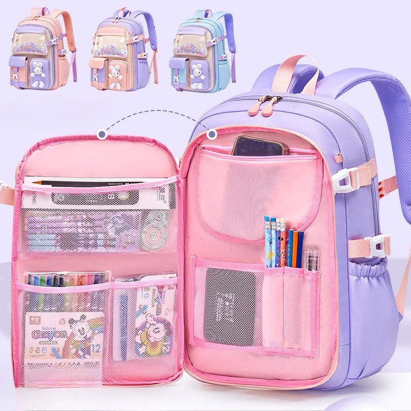Cartable Kawaii Fille – Léger & Imperméable, Nylon, École Primaire, Taille S ou L, Rose ou Violet