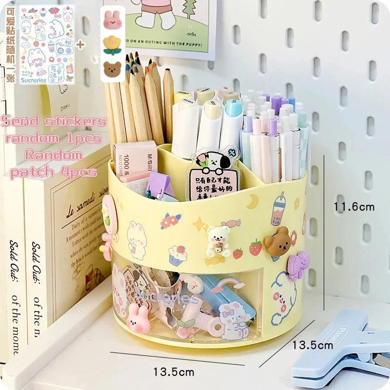 Porte-Stylos Rotatif avec Tiroir – Style Kawaii – Organiseur Bureau – 10 Coloris Pastel