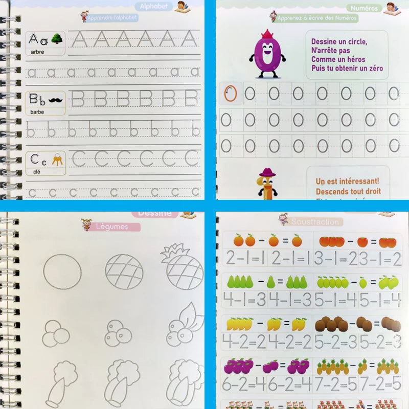 Cahiers d’Écriture Magique Française – Lot de 4 – Alphabet & Dessin – Enfants 3-8 ans
