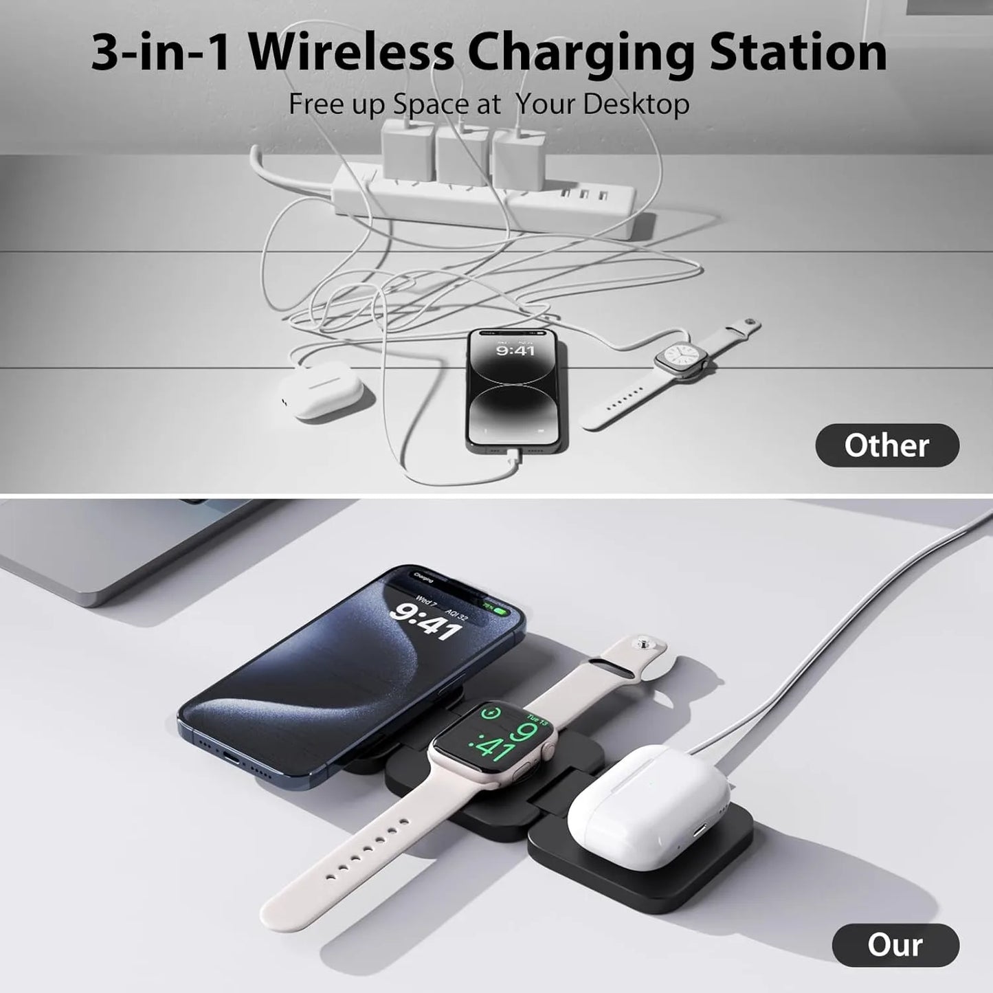 Chargeur Sans Fil 3-en-1 Pliable Magnétique – iPhone, Apple Watch & AirPods, Charge Rapide