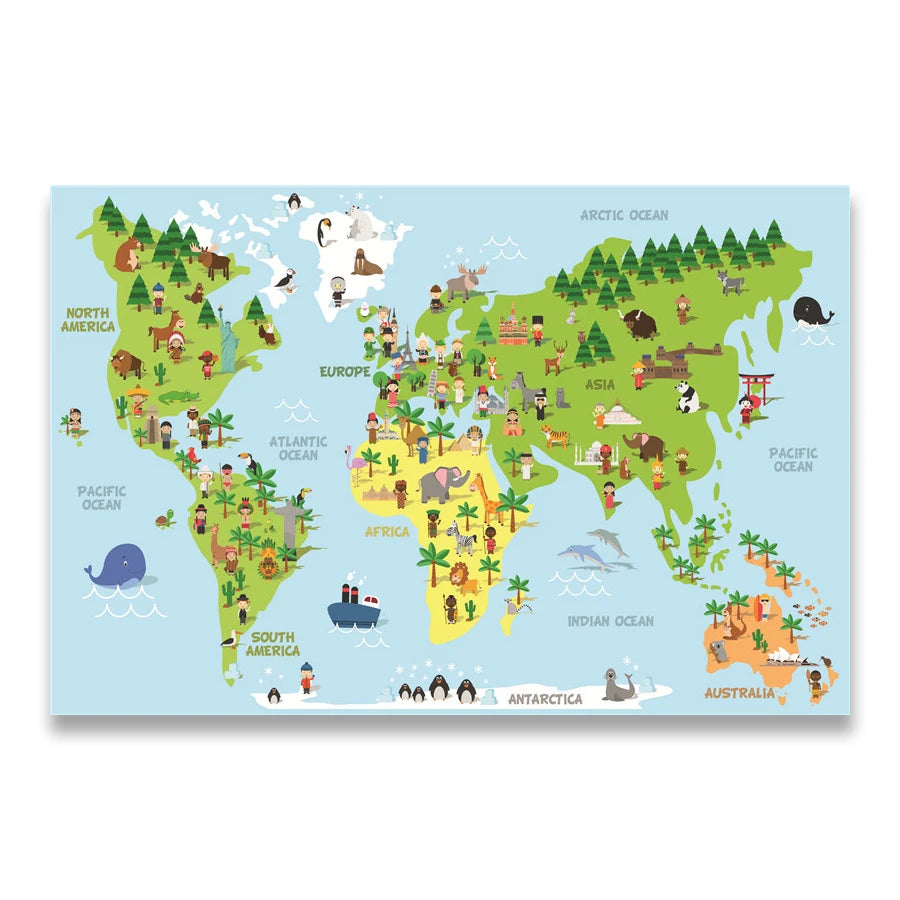Poster Éducatif Enfant – Carte du Monde & Animaux, Impression Canvas, 14 Tailles, 2 Designs