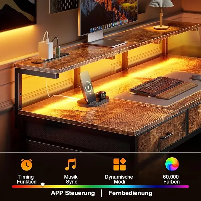 Bureau d'Ordinateur FRODROVIA 120 cm – 8 Tiroirs, LED RGB, Support Écran Réglable, 2 Prises + 2 USB