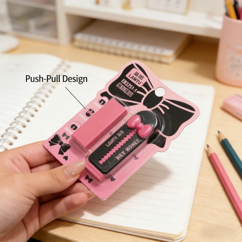 Gomme Kawaii Nœud – Design Push-Pull, Papeterie Scolaire (Rose / Noir)