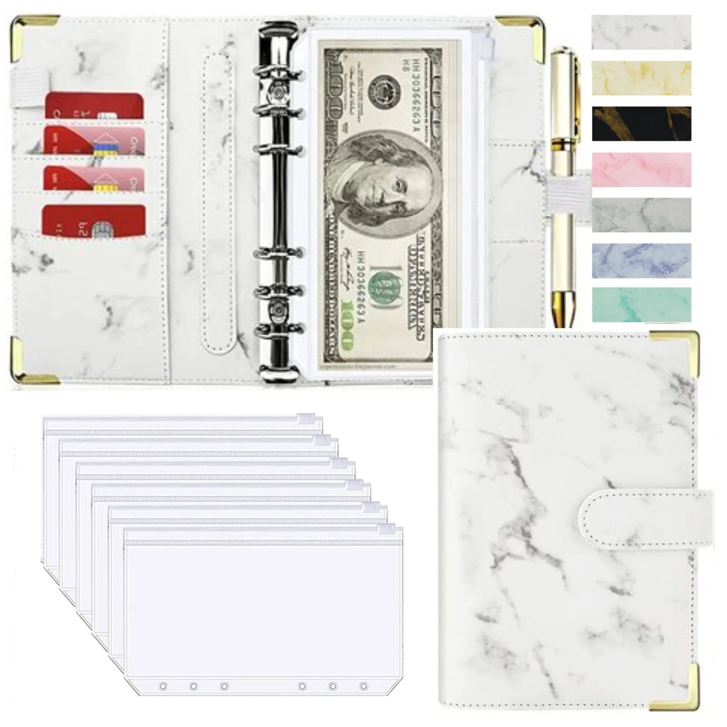 Organiseur Budget A6 en Cuir PU – Design Marbre, Pochettes & Porte-Cartes – Gestion Finances