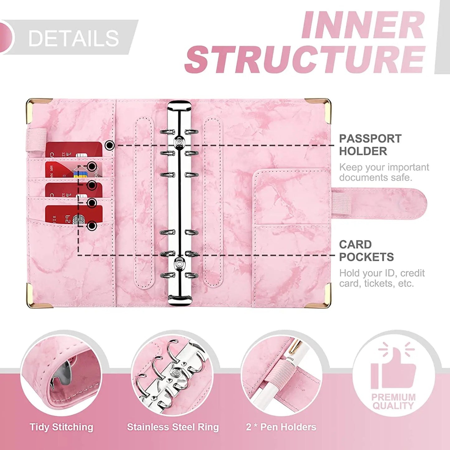 Organiseur Budget A6 en Cuir PU – Design Marbre, Pochettes & Porte-Cartes – Gestion Finances