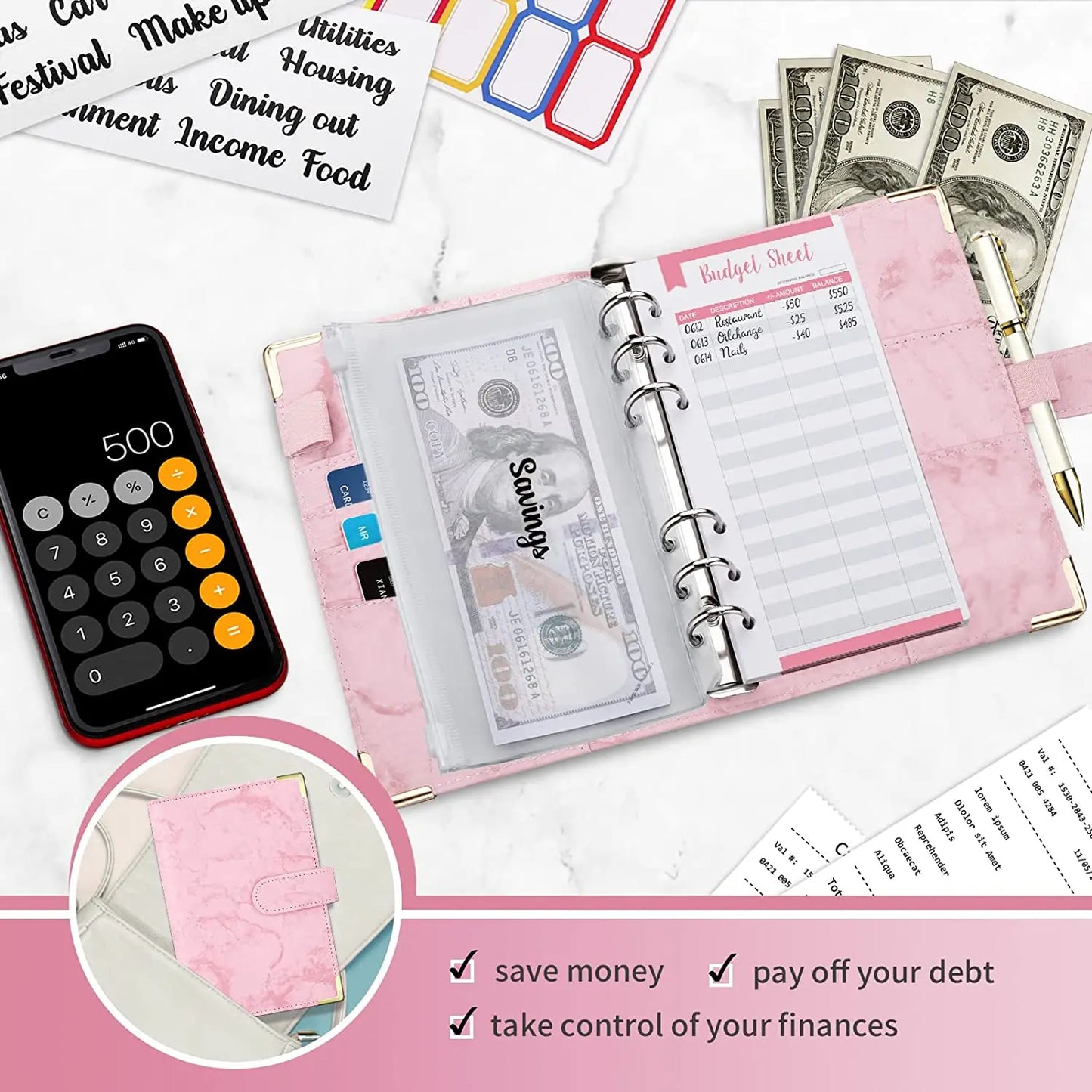 Organiseur Budget A6 en Cuir PU – Design Marbre, Pochettes & Porte-Cartes – Gestion Finances