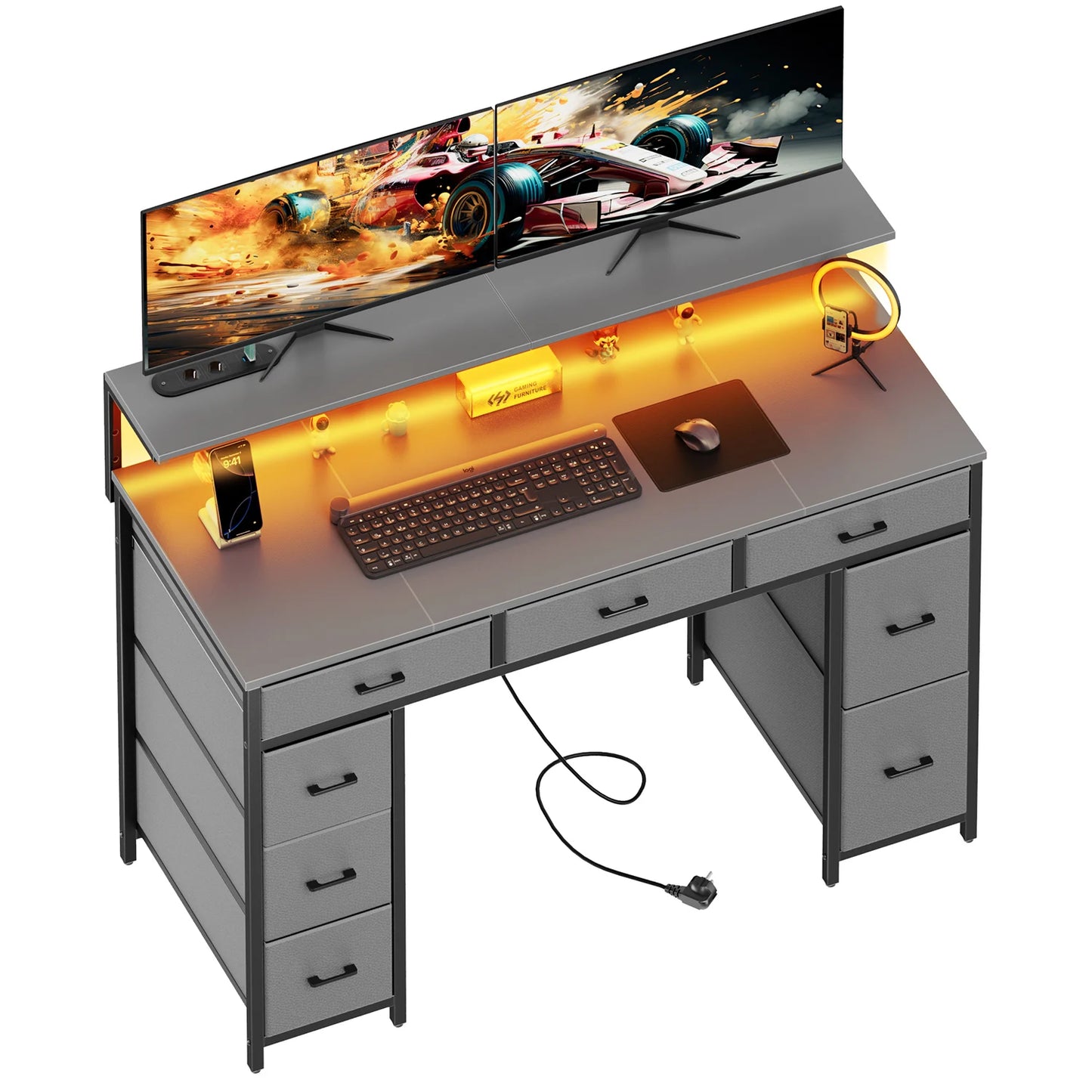 Bureau d'Ordinateur FRODROVIA 120 cm – 8 Tiroirs, LED RGB, Support Écran Réglable, 2 Prises + 2 USB