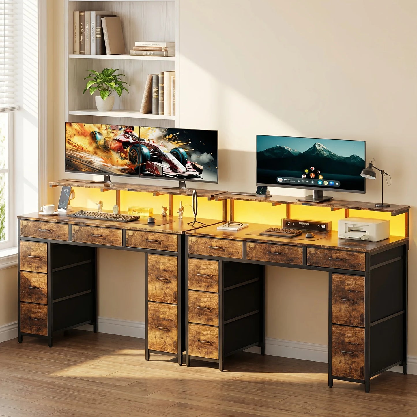 Bureau d'Ordinateur FRODROVIA 120 cm – 8 Tiroirs, LED RGB, Support Écran Réglable, 2 Prises + 2 USB