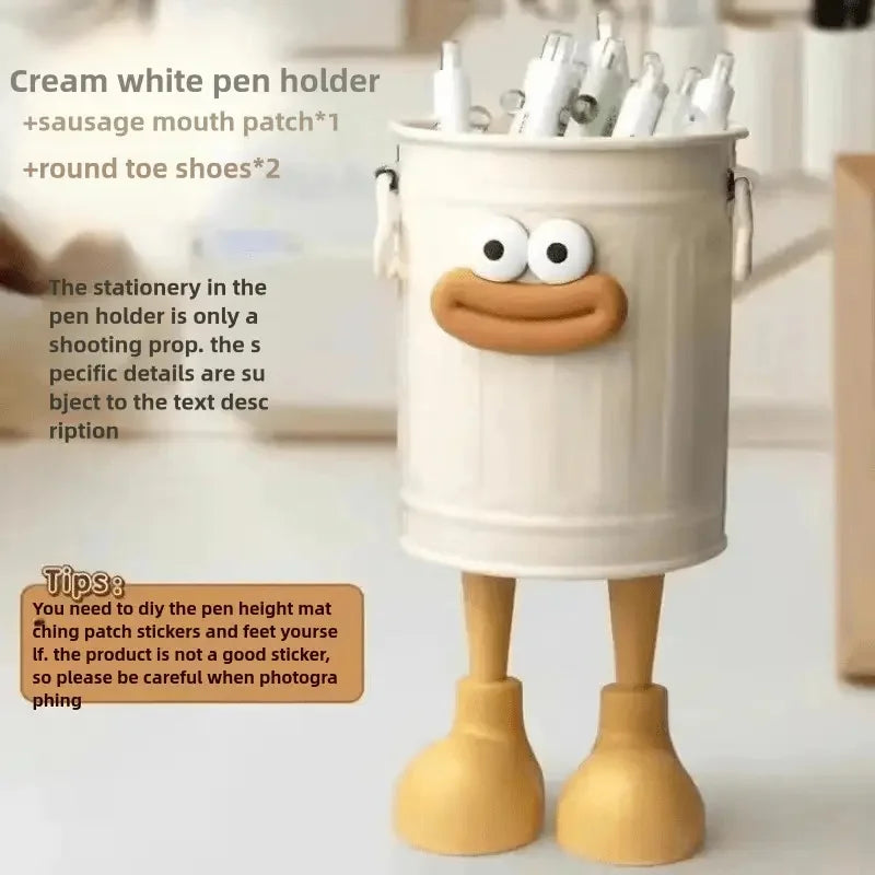 Porte-Stylos Seau Cartoon – Yeux & Pieds en Bois – DIY Stickers Inclus – 4 Coloris