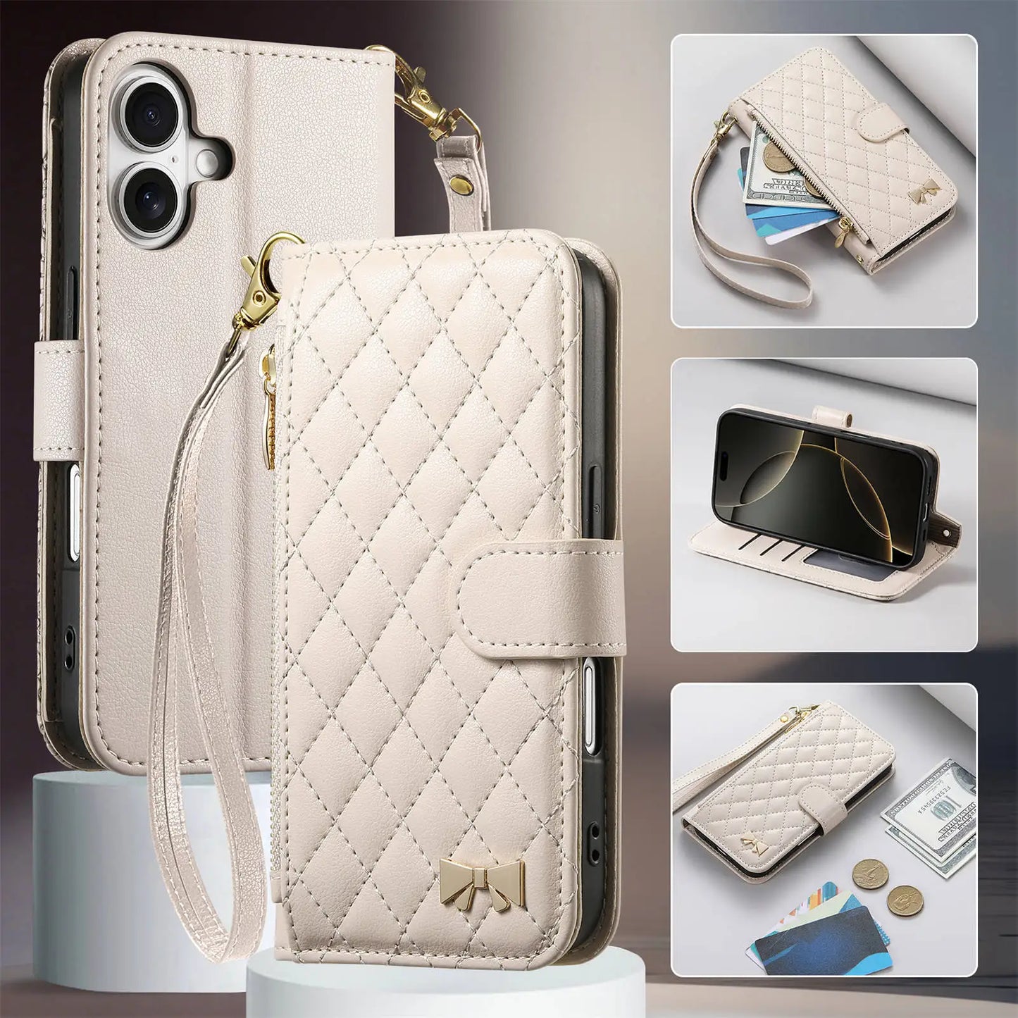 Coque Portefeuille en Cuir Matelassé – Style Sac à Main – iPhone 12 à 17 – 5 Coloris