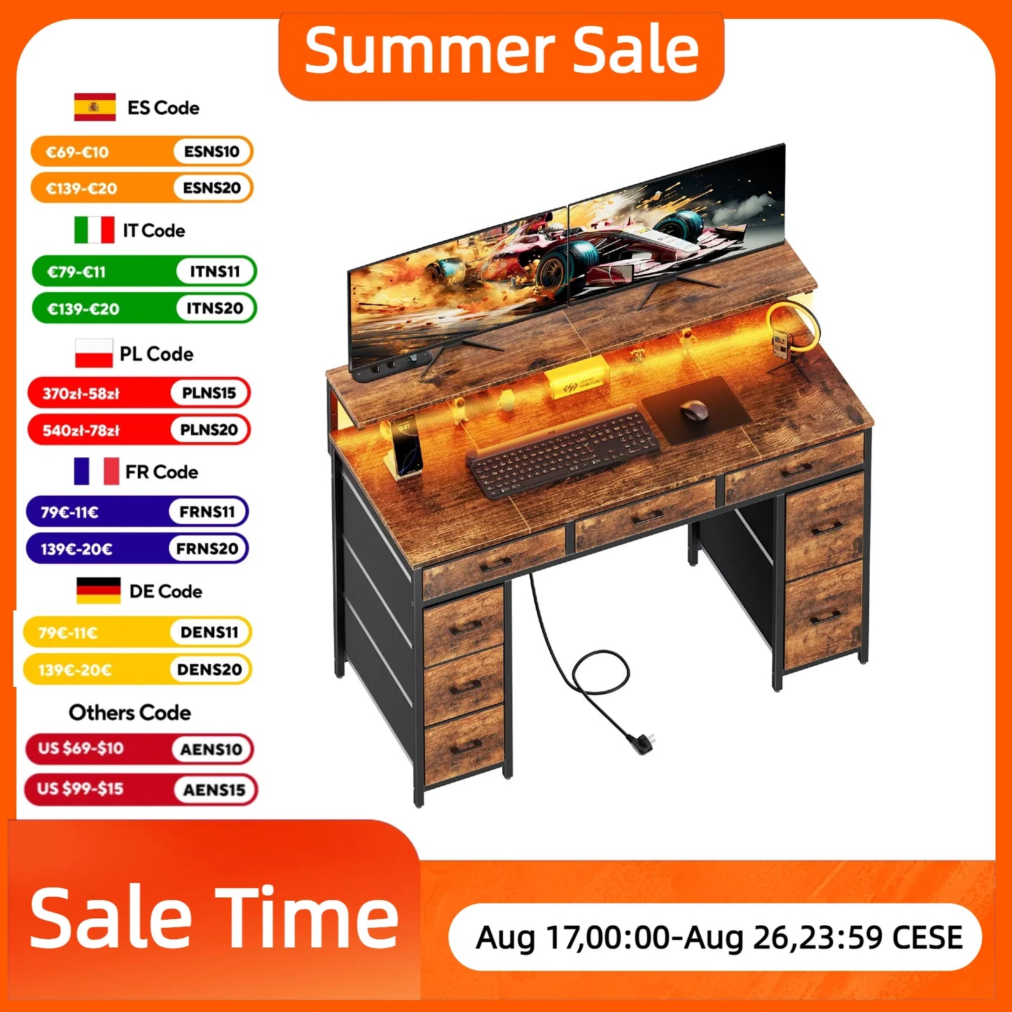 Bureau d'Ordinateur FRODROVIA 120 cm – 8 Tiroirs, LED RGB, Support Écran Réglable, 2 Prises + 2 USB