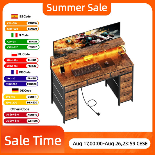 Bureau d'Ordinateur FRODROVIA 120 cm – 8 Tiroirs, LED RGB, Support Écran Réglable, 2 Prises + 2 USB