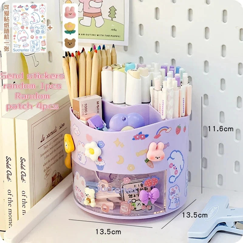 Porte-Stylos Rotatif avec Tiroir – Style Kawaii – Organiseur Bureau – 10 Coloris Pastel