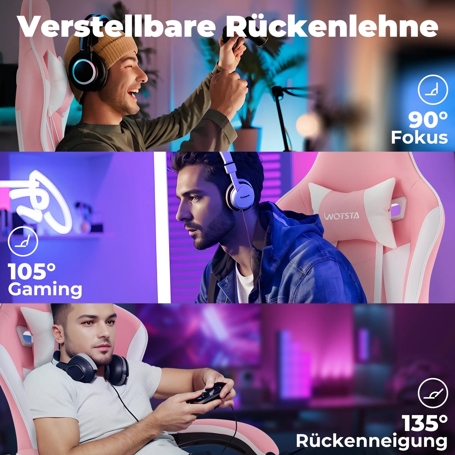 Chaise Gaming Ergonomique WOTSTA – Massage Lombaire, Inclinable, E-Sport, 3 Coloris
