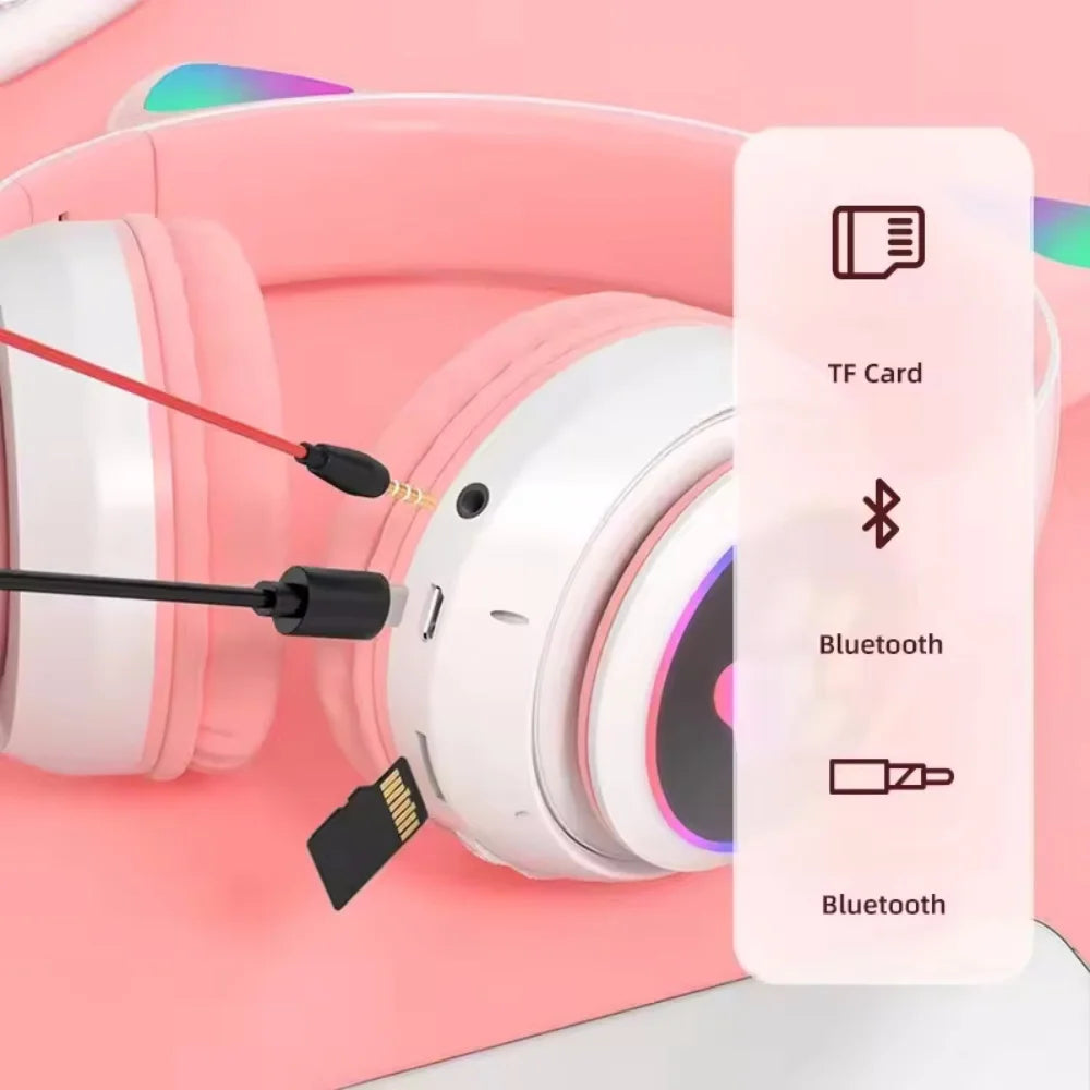 Casque Bluetooth Oreilles de Chat LED – Enfant Fille, Pliable, Sans Fil 5.0